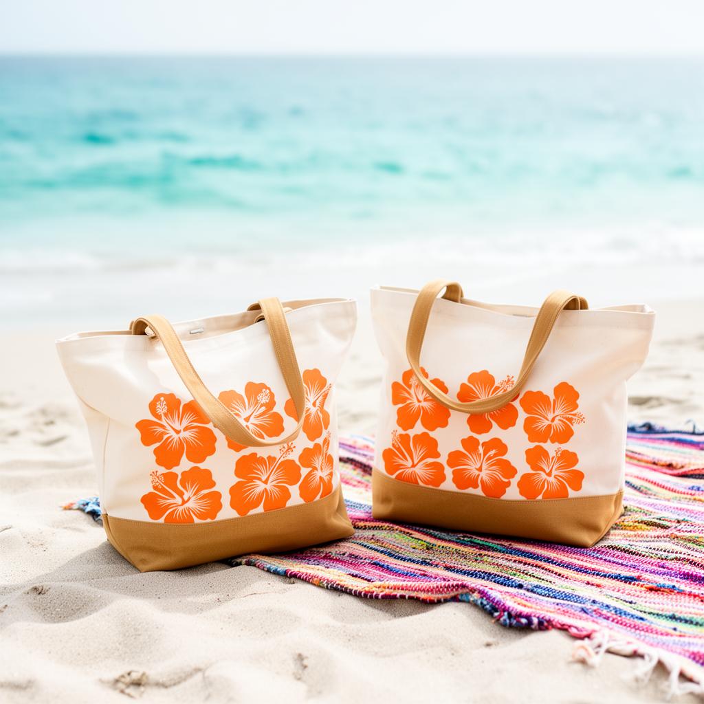 A sunny Hawaiian craft workshop with tropical floral fabric, thread, and finished tote bags